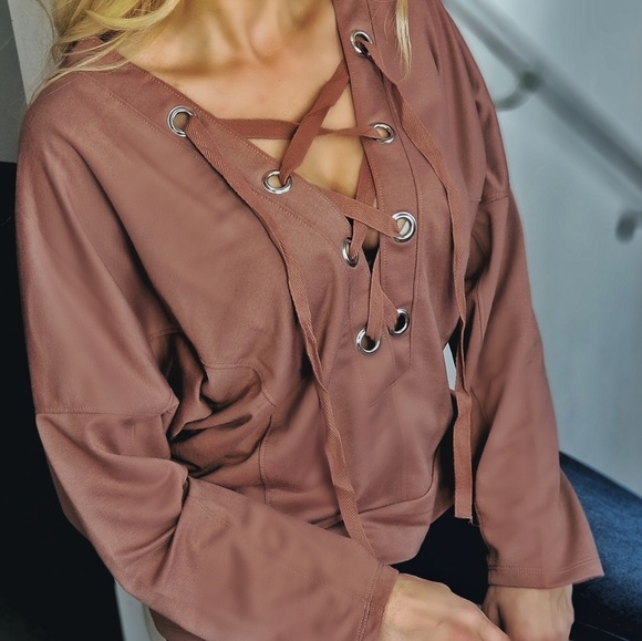 LANGLEY Lace up Grommet Casual Top - Picture 2 of 5